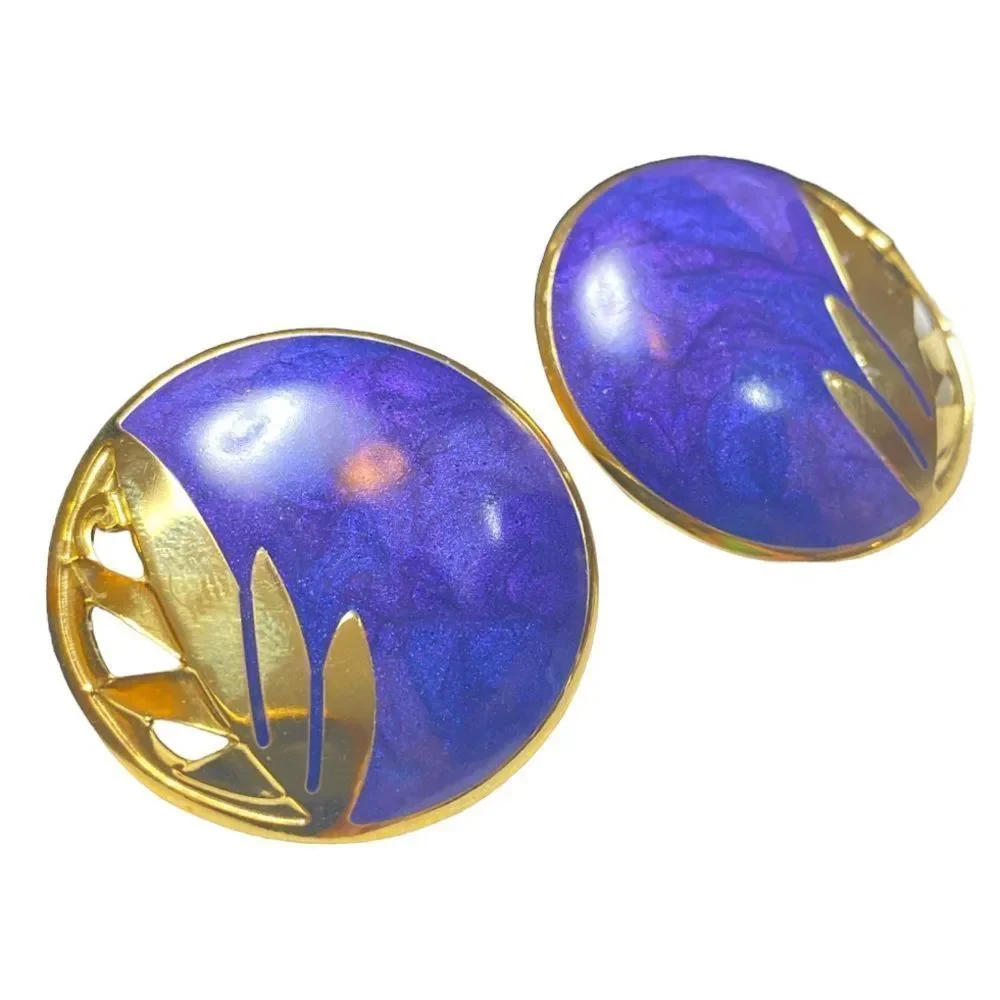 Vintage 80’s Berébi Gold And Purple Enamel Earrings - Picture 9 of 10